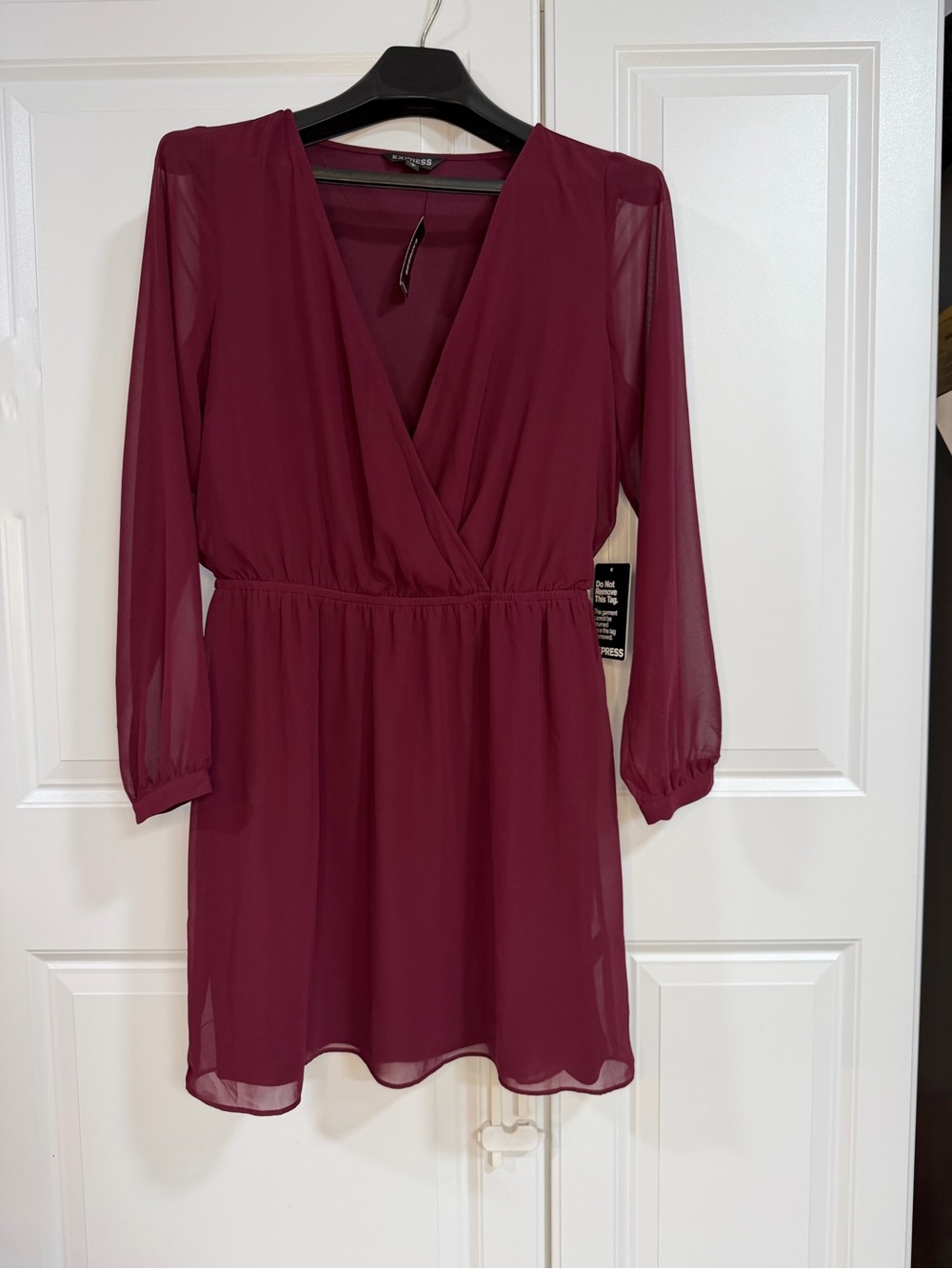 Express Long-Sleeve V-Neck Dress in Burgundy